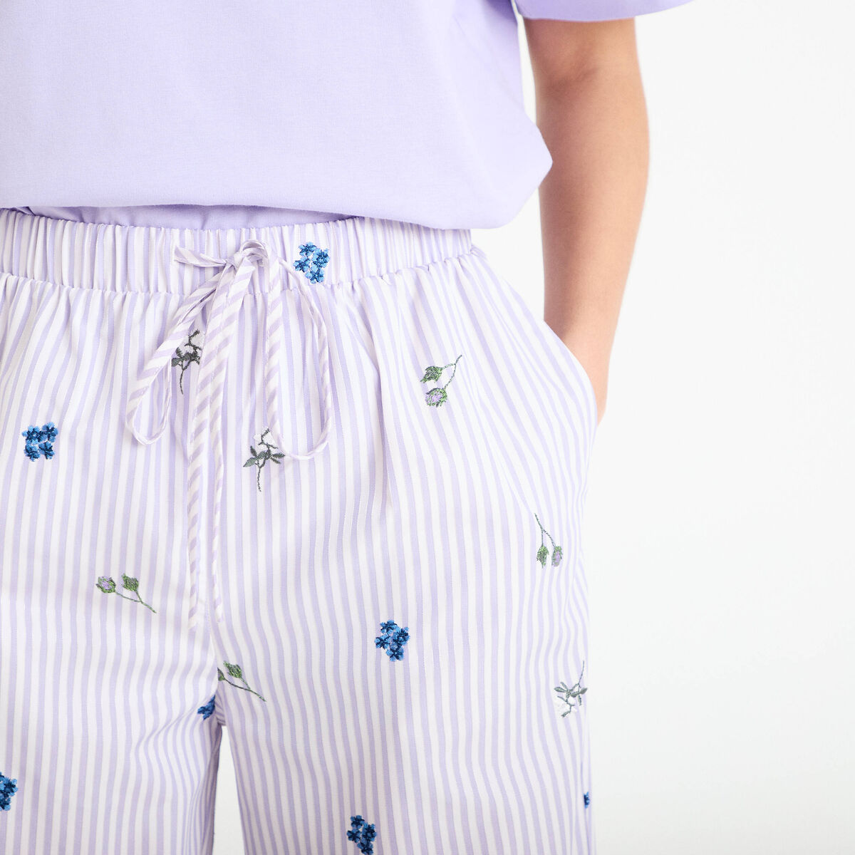 Pantalon large brod&eacute; Bridgerton violet clair femme