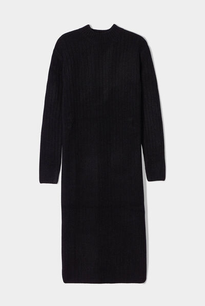 Robe longue droite côtelée noir femme