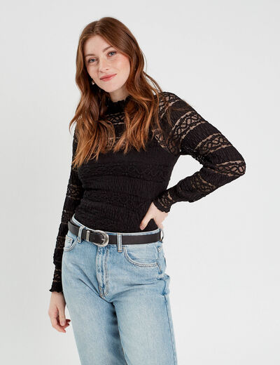 Blouse dentelle col montant noir femme