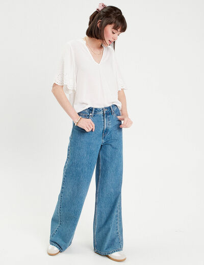 Blouse manches courtes brodée blanc femme