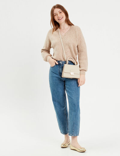 Pull avec col en V beige femme