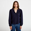 Blouse broderie col V manches longues bleu marine femme