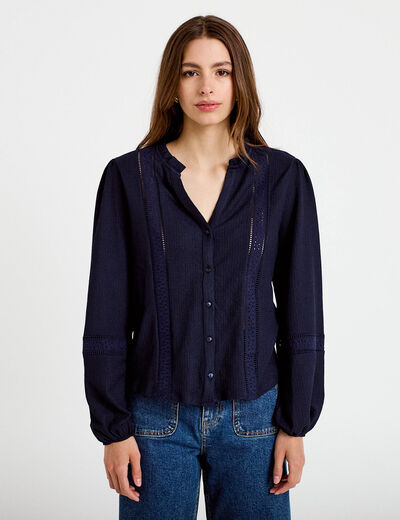 Blouse broderie col V manches longues bleu marine femme
