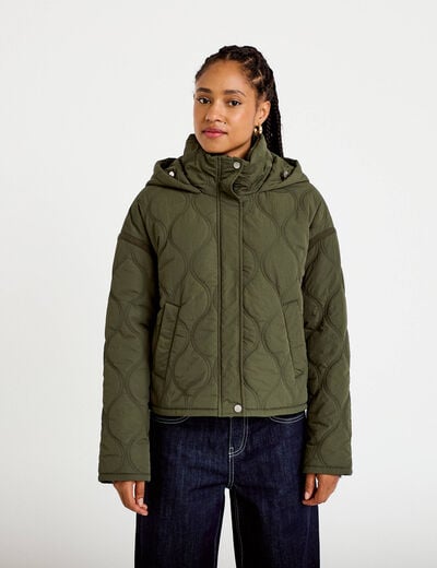 Veste droite &agrave; capuche manches longues vert kaki femme
