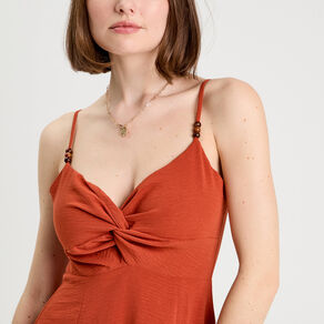 Robe longue évasée fendue orange foncé femme