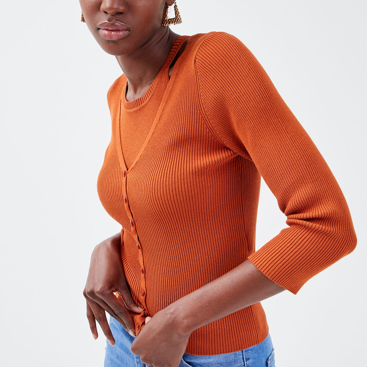Gilet manches 3/4 boutonné marron cognac femme
