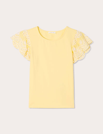 T-shirt manches brodées jaune clair femme
