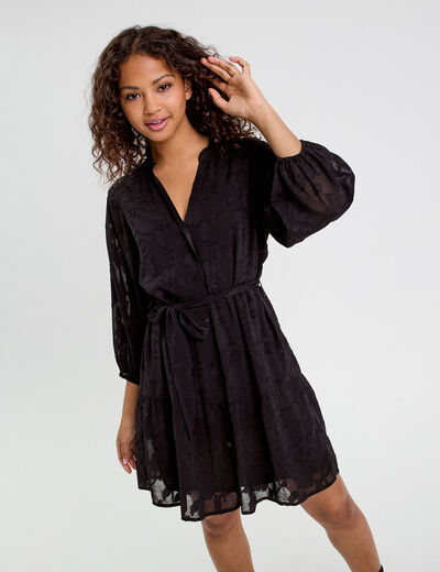 Robe chemise évasée ceinturée noir femme