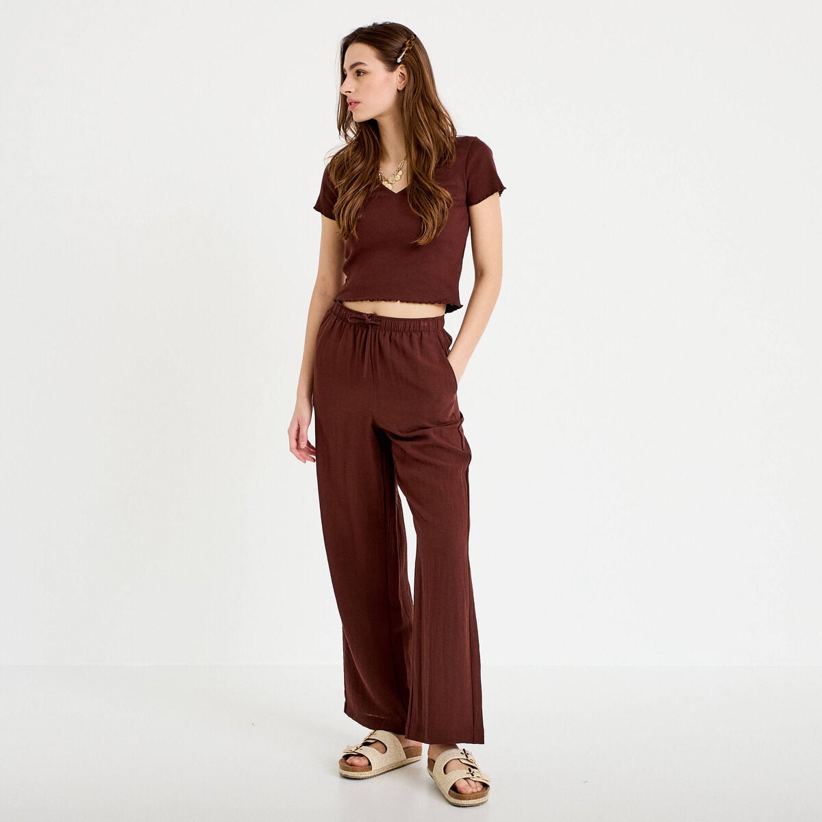 T-shirt c&ocirc;tel&eacute; manches courtes marron femme