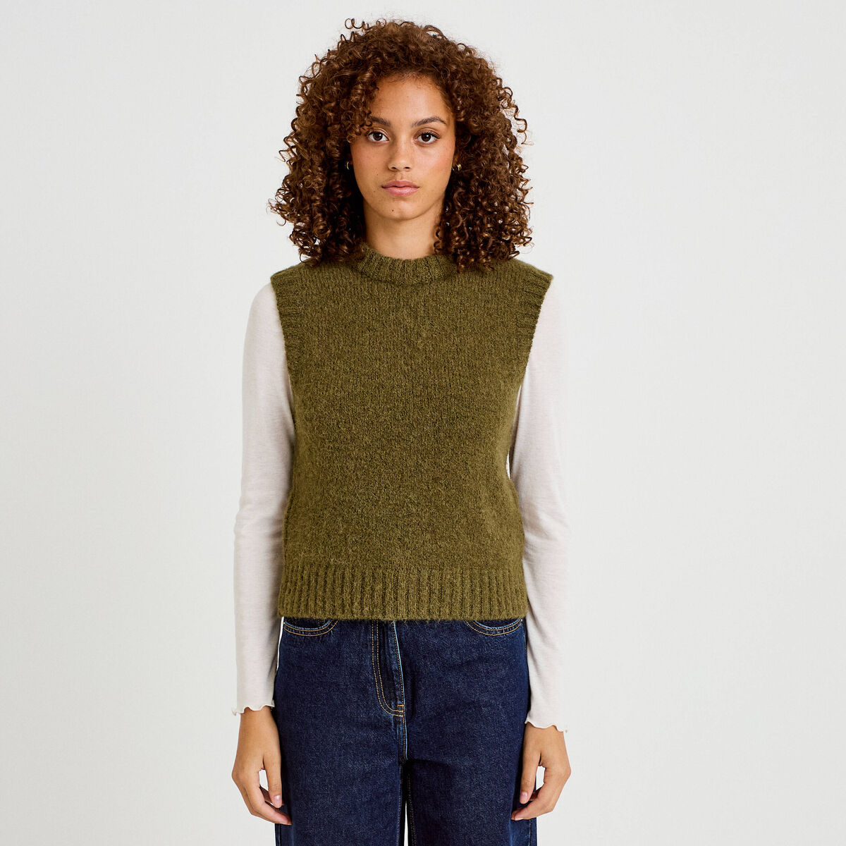 Pull sans manches vert kaki femme