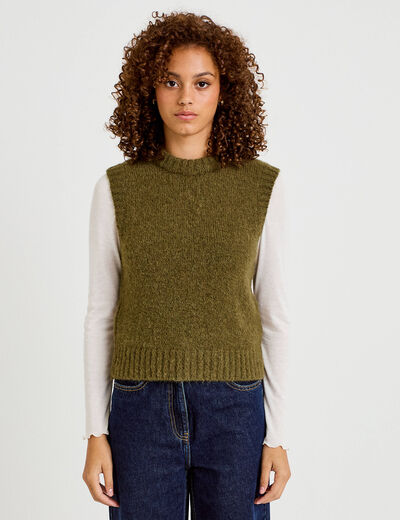 Pull sans manches vert kaki femme