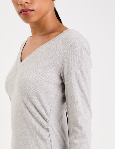 Top ajust&eacute; col v manches longues gris clair femme