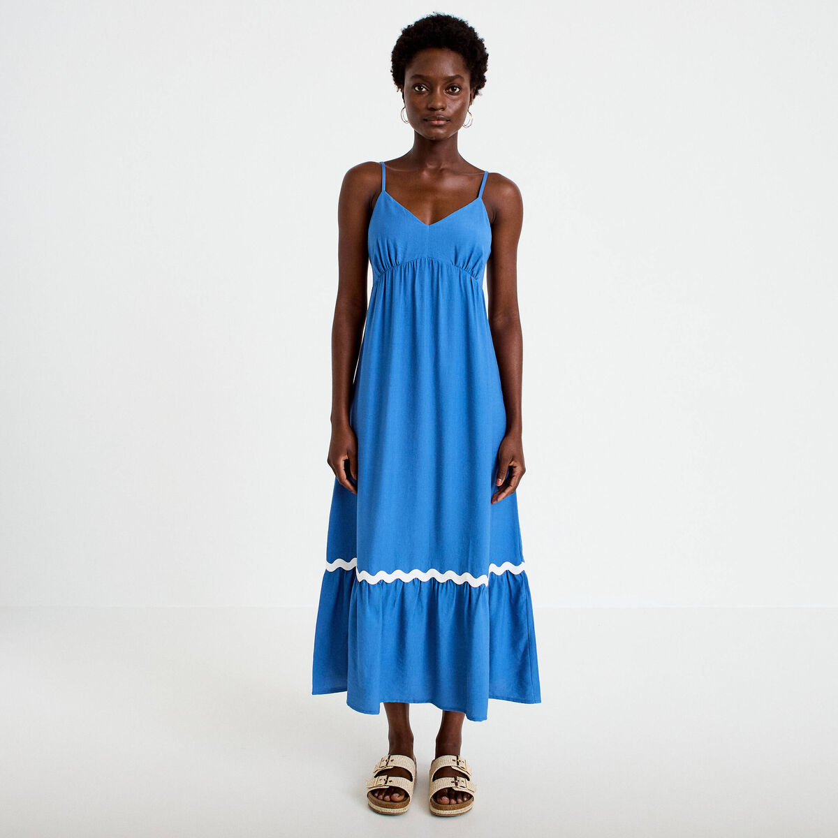 Robe longue &eacute;vas&eacute;e col v cr&ecirc;pe bleu fonc&eacute; femme
