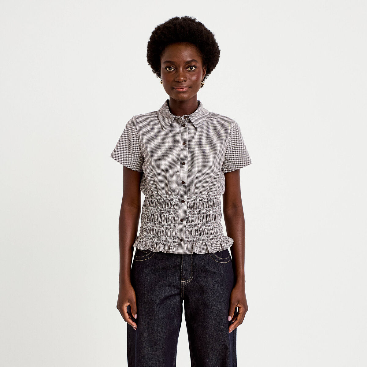 Chemise cintr&eacute;e manches courtes marron femme