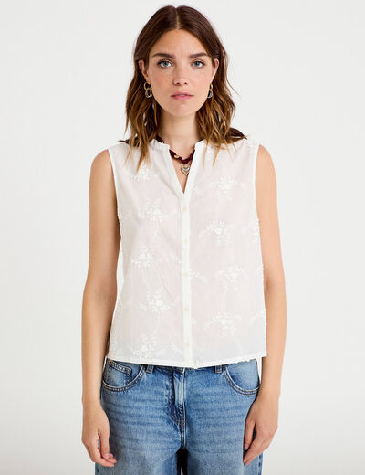 Chemise droite sans manches &agrave; relief ecru femme