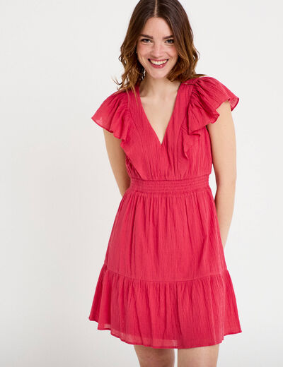 Robe courte &eacute;vas&eacute;e col v manches courtes rose framboise femme