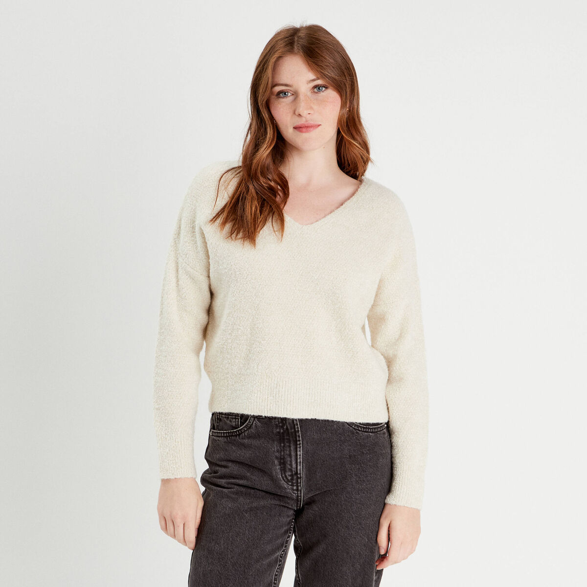 Pull manches longues col en V ecru femme
