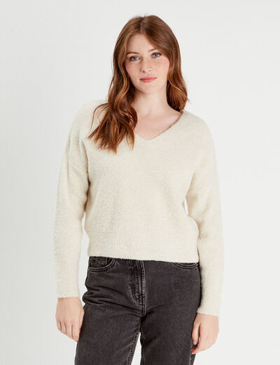 Pull manches longues col en V ecru femme