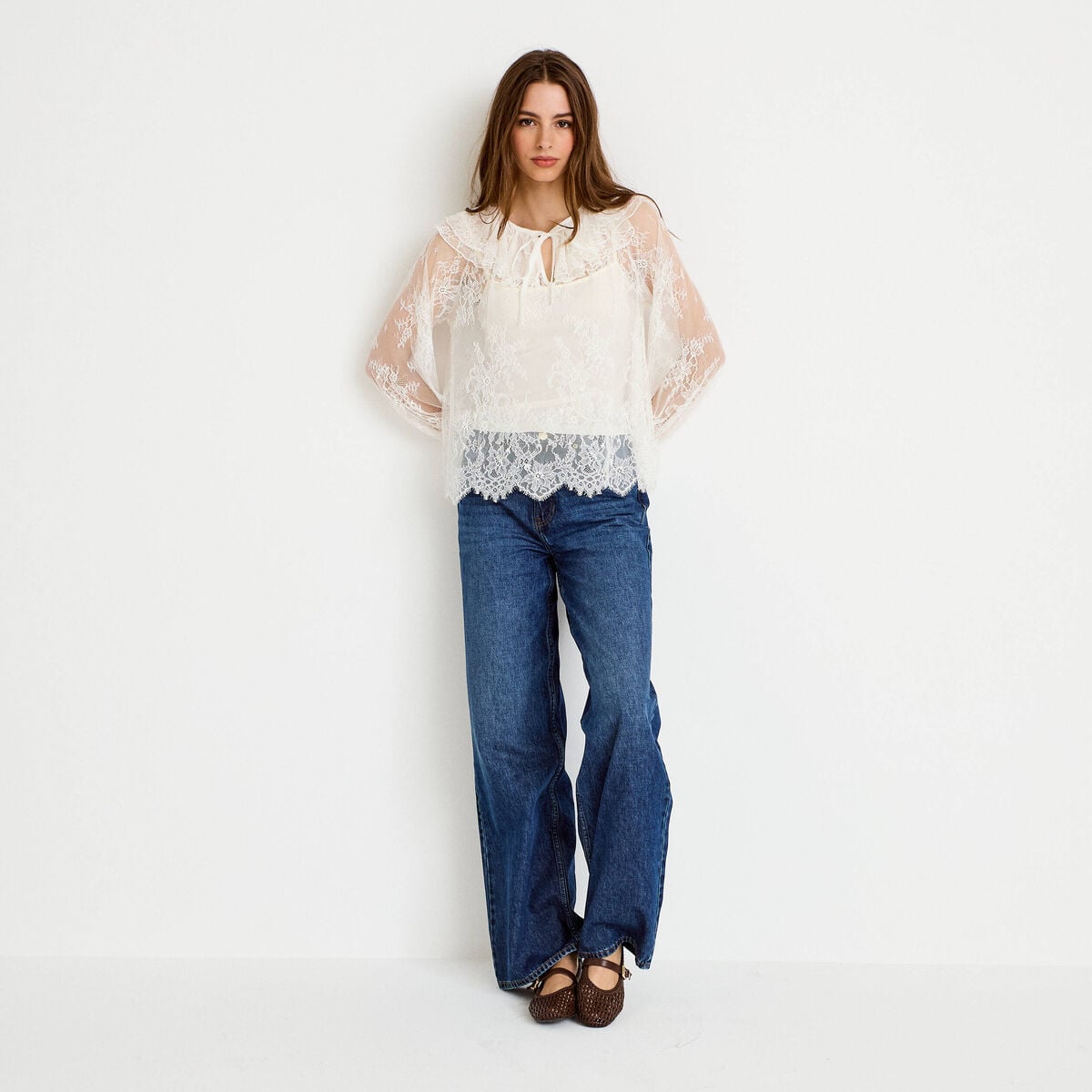 Blouse manches longues en dentelle ecru femme