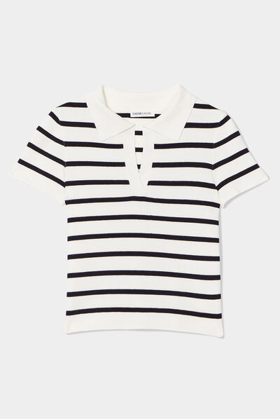 Pull cropped avec col polo blanc femme