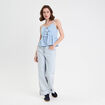 Top ajusté cropped col v bretelles bleu ciel femme