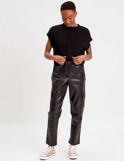 Pantalon cargo simili cuir noir femme