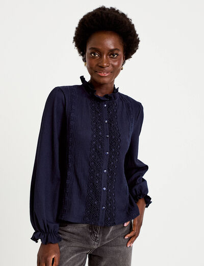 Blouse droite col montant dentelle bleu marine femme