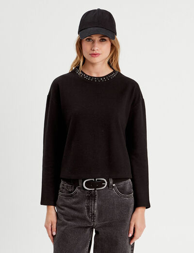 T-shirt col détails bijoux noir femme