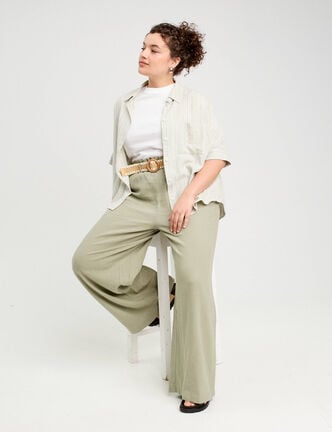 Pantalon large ceinturé contenant du lin vert kaki femme