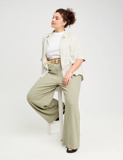 Pantalon large ceinturé contenant du lin vert kaki femme