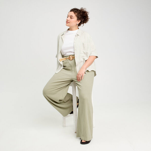 Pantalon large ceinturé contenant du lin vert kaki femme