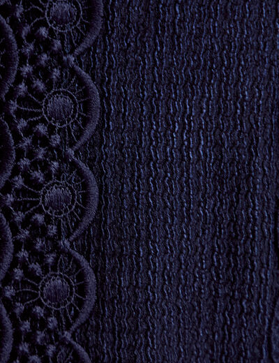 Blouse plastron brod&eacute; manches courtes bleu marine femme