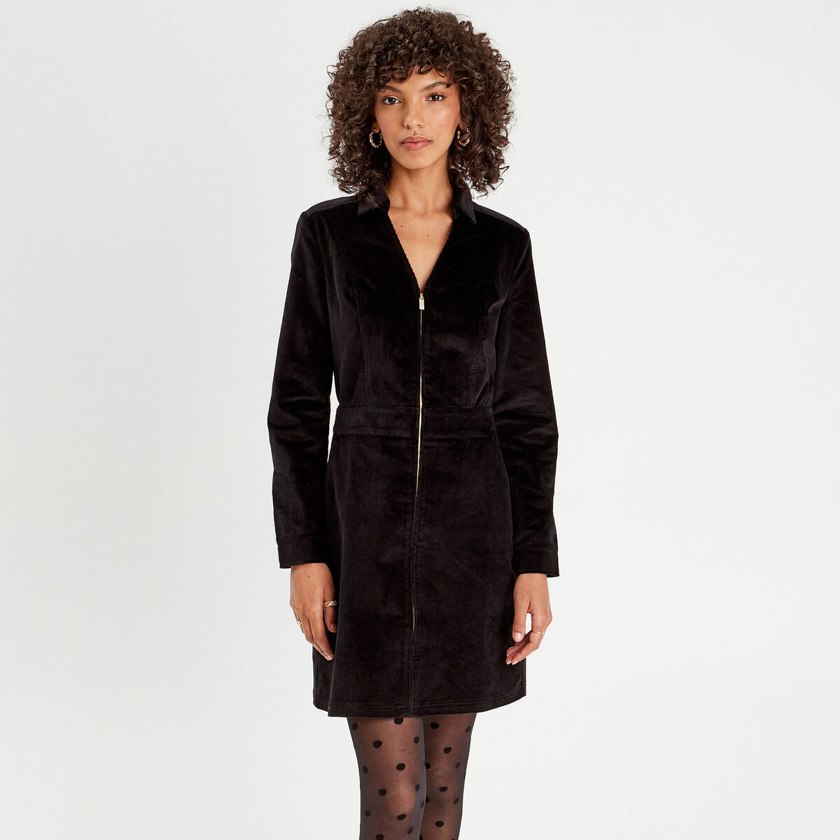 Robe trapèze velours zippée noir femme