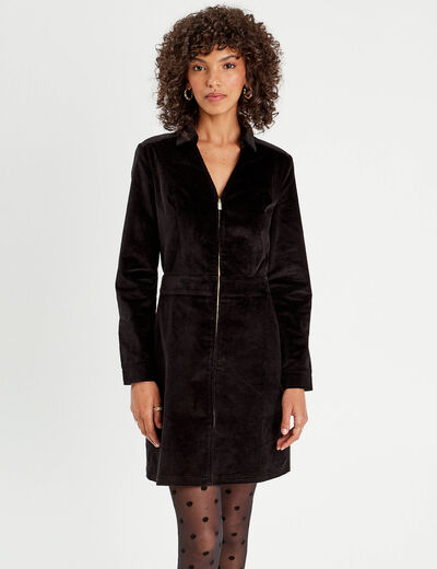 Robe trapèze velours zippée noir femme