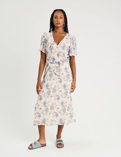 Robe midi évasée col en V blanc femme