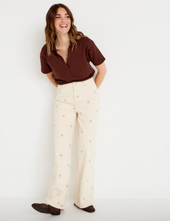 Jean wide leg taille haute brod&eacute; denim blanc femme