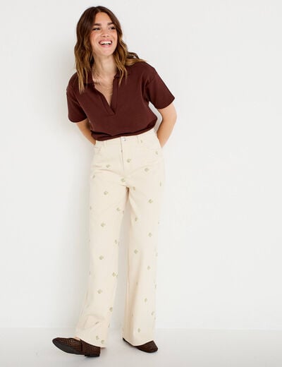 Jean wide leg taille haute brod&eacute; denim blanc femme