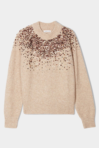 Pull sequins et strass beige femme