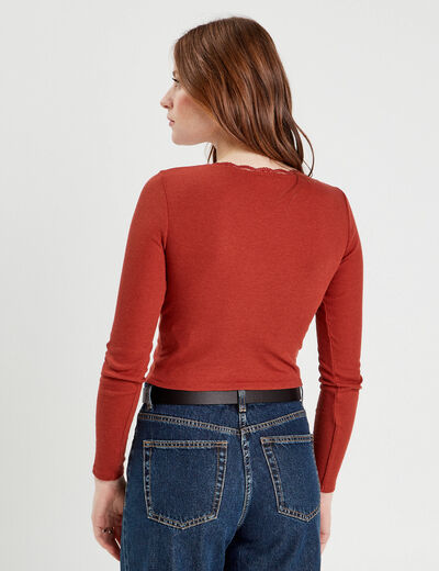 T-shirt cropped côtelé marron femme