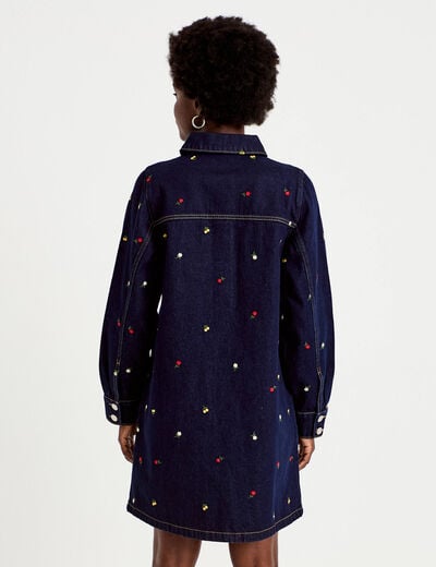 Robe courte droite en jean brod&eacute;e bleu marine femme