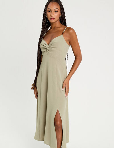 Robe longue &eacute;vas&eacute;e fendue vert kaki femme