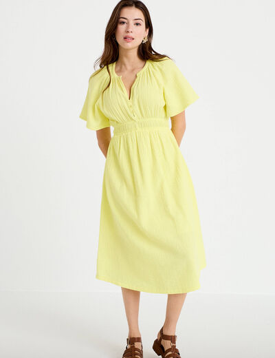 Robe midi pliss&eacute;e col v manches courtes jaune citron femme