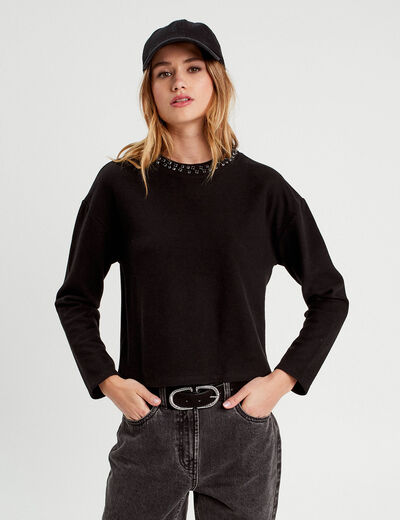 T-shirt col détails bijoux noir femme