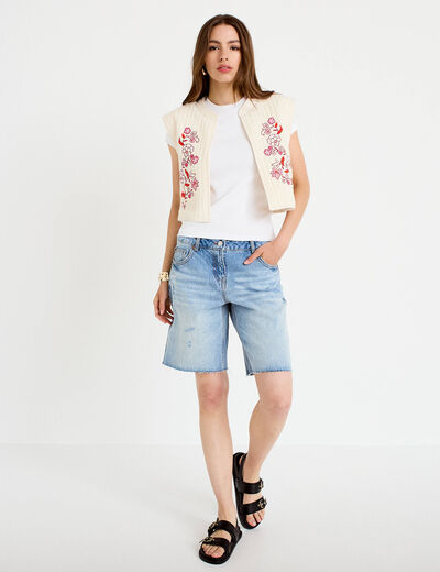 Gilet sans manches brod&eacute; blanc femme