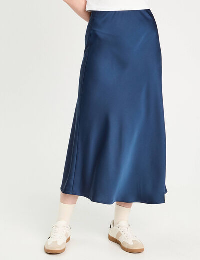Jupe longue trapèze satin bleu marine femme
