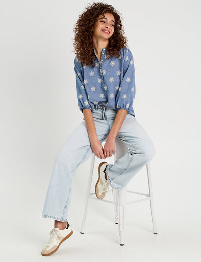 Blouse manches 3/4 brodée bleu femme