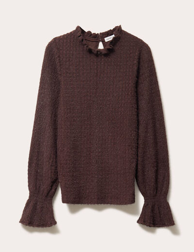 Blouse ajour&eacute;e manches longues marron fonc&eacute; femme