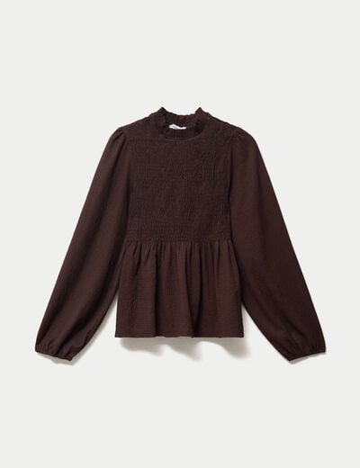 Blouse p&eacute;plum manches longues pliss&eacute;e marron fonc&eacute; femme