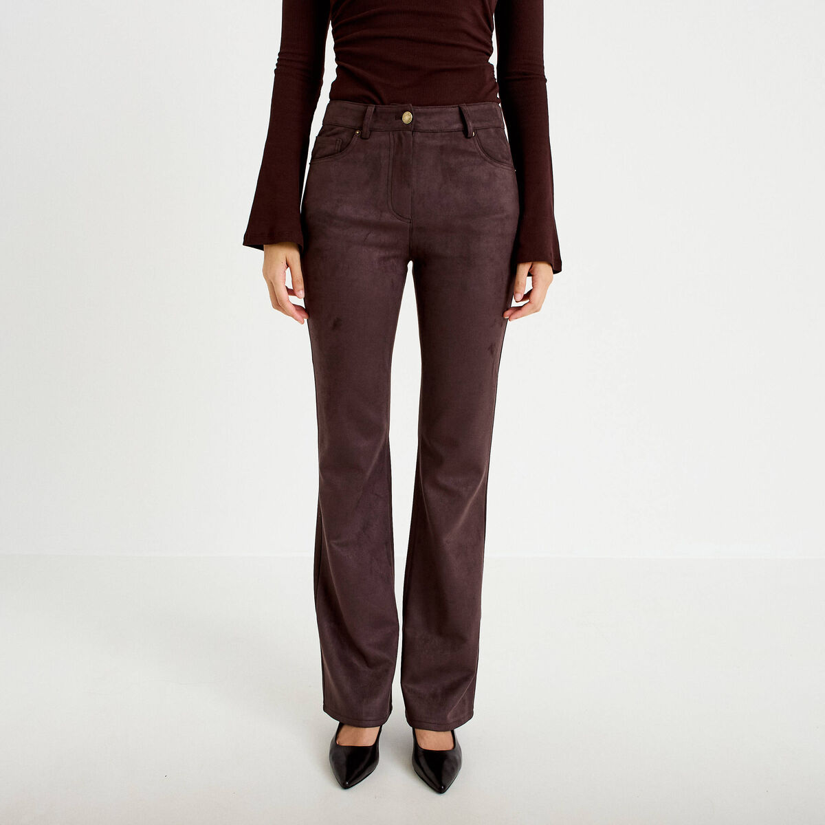 Pantalon bootcut aspect daim marron fonc&eacute; femme