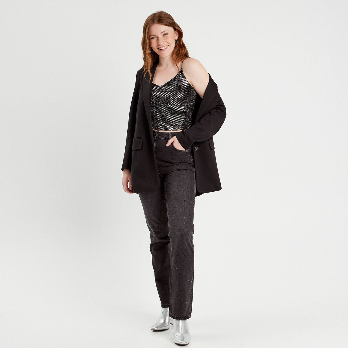 Débardeur cropped paillettes couleur argent femme